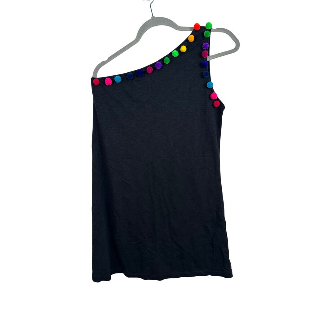 Pitusa Swim Cover Up Dress Women OS Black Excellent Rainbow Pom Pom One Shoulder
